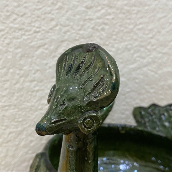 Unique Green Clay Pottery Animal Sculpture Peacock Footed Dish Planter Decor - Picture 14 of 15